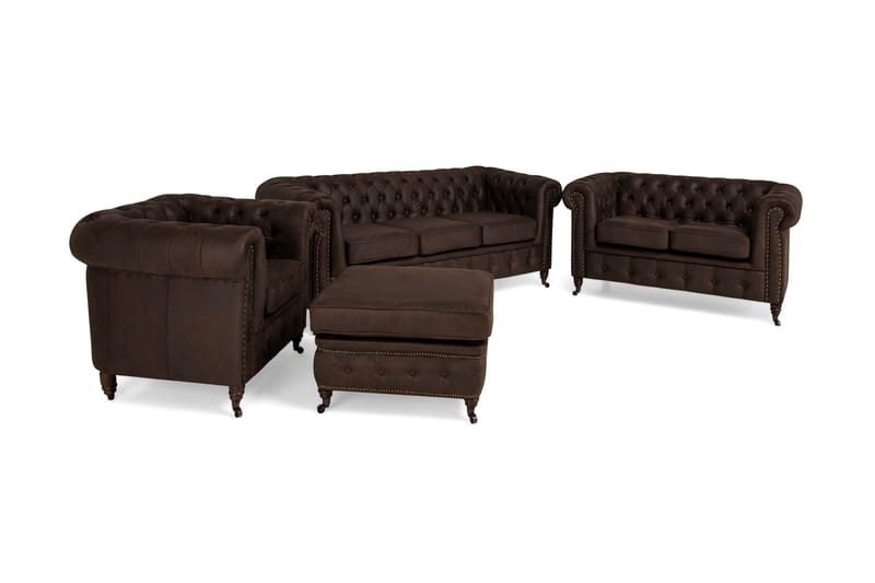 Chesterfield Deluxe Sofagruppe 3+2+1 med Fotskammel Lærutseende - Mørkebrun - Møbler - Sofaer - Sofagrupper - Howard sofagruppe