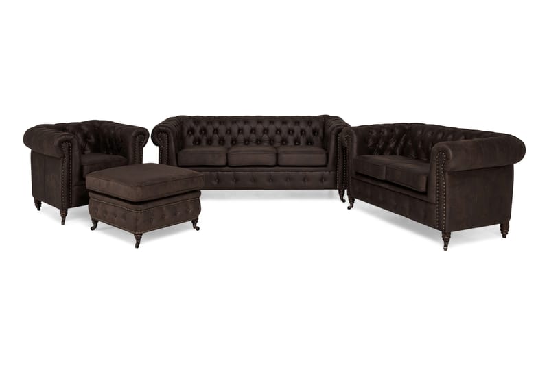 Chesterfield Deluxe Sofagruppe 3+2+1 med Fotskammel Lærutseende - Mørkebrun - Møbler - Sofaer - Sofagrupper - Howard sofagruppe