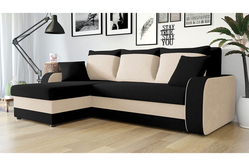 Alvared Dyp 3-seters L Sofa -Hjørnesovesofa Universal 230 cm - Beige / Svart / Hvit - Møbler - Sofaer - Sovesofaer