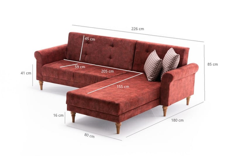 Benin Sovesofa m. Divan 4-seters 205x180 - Rød - Møbler - Sofaer - Sovesofaer