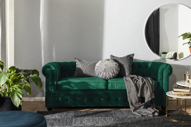 Chesterfield Luksus Fremovervendt 3-seters Sovesofa i Fløyel 215 cm bred - Mørkegrønn / Grønn - Møbler - Sofaer - Sovesofaer