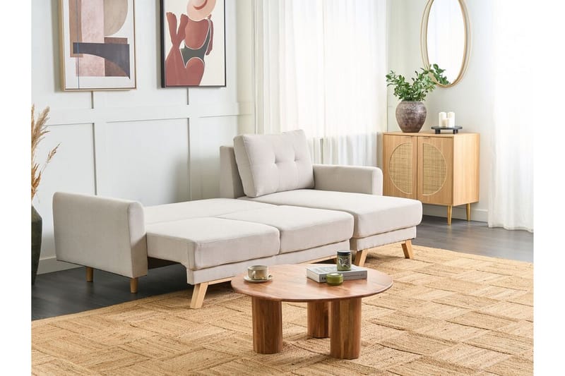 Faustin Hjørnesovesofa 3-seter - Beige/Lyst tre - Møbler - Sofaer - Sovesofaer