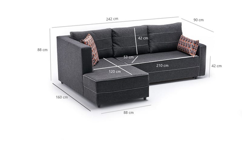 Highbank Sovesofa m. Divan 4-seters 200x150 - Antrasitt - Møbler - Sofaer - Sovesofaer