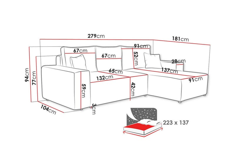 Knocklong 3-seters Hjørnesovesofa - Rosa - Møbler - Sofaer - Sovesofaer - Hjørnesovesofa