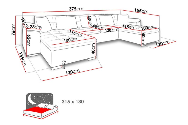 Kinzer Dyp Sovesofa Dobbeldivan 4-seters 315x130 cm U-formet - Beige / Lys - Møbler - Sofaer - Sovesofaer