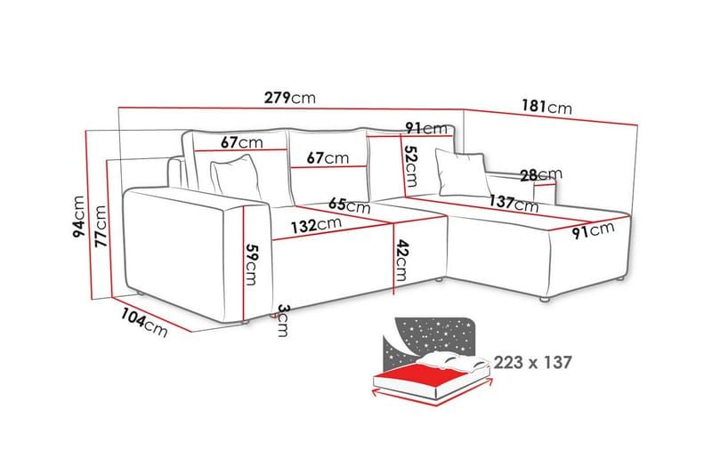 Knocklong 3-seters Hjørnesovesofa - Rosa - Møbler - Sofaer - Sovesofaer