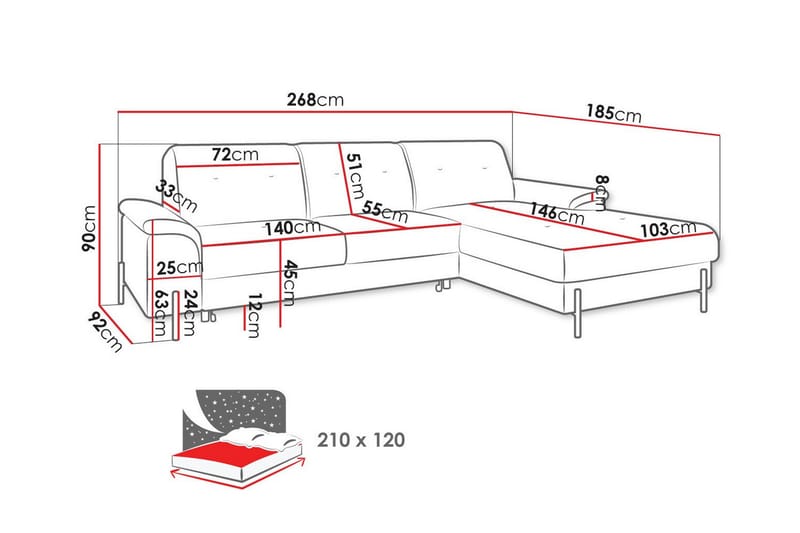 Messner 3-seters Hjørnesovesofa - Rosa - Møbler - Sofaer - Sovesofaer