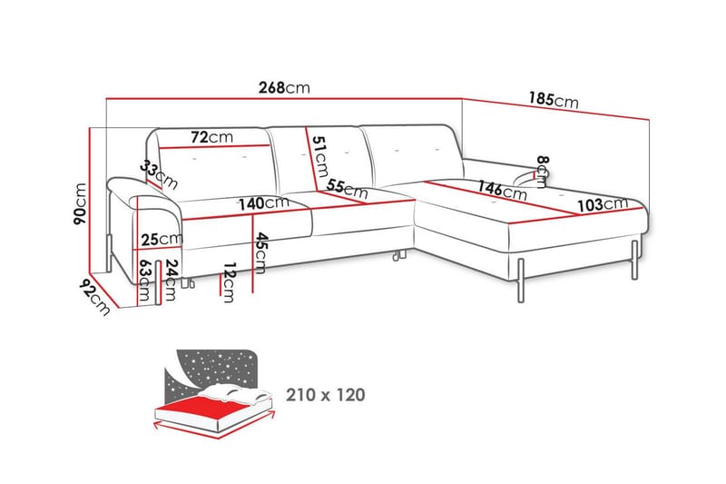 Messner 3-seters Hjørnesovesofa - Svart - Møbler - Sofaer - Sovesofaer