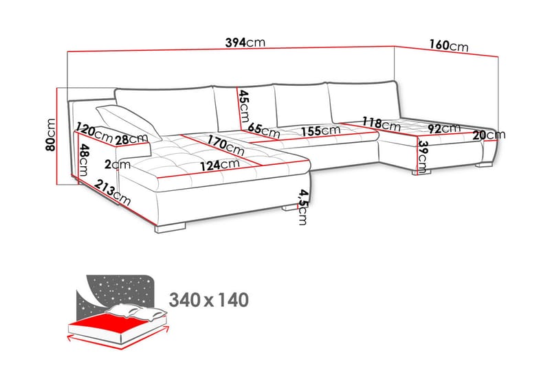 Cillo Stor Dyp Sovesofa Dobbeldivan 4-seters 340x140 cm U-formet - Blå - Møbler - Sofaer - Sovesofaer - Sovesofa divan