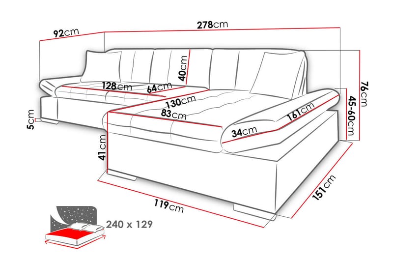 Lomux Sovesofa 4-seter med Oppbevaring Høyre - Hvit/Lysegrå - Møbler - Sofaer - Sovesofaer - Sovesofa divan