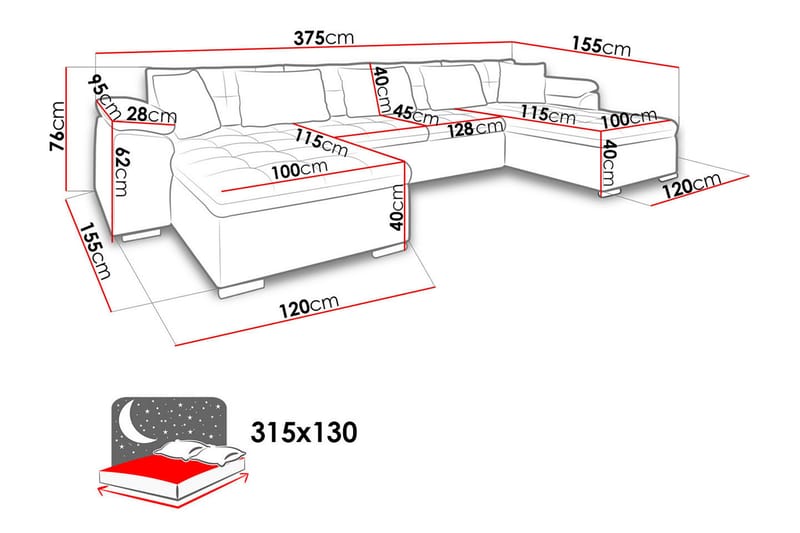 Wicenza Stor U-Sovesofa 375x155x76 cm Universal - Grå / Svart - Møbler - Sofaer - Sovesofaer