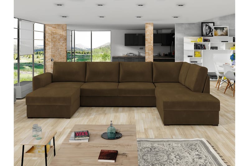 Taberk Sofa med Sjeselong og Divan 4-seter - Brun - Møbler - Sofaer - U-sofa