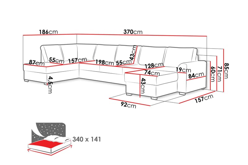 Taberk Sofa med Sjeselong og Divan 5-seter - Grå - Møbler - Sofaer - U-sofa