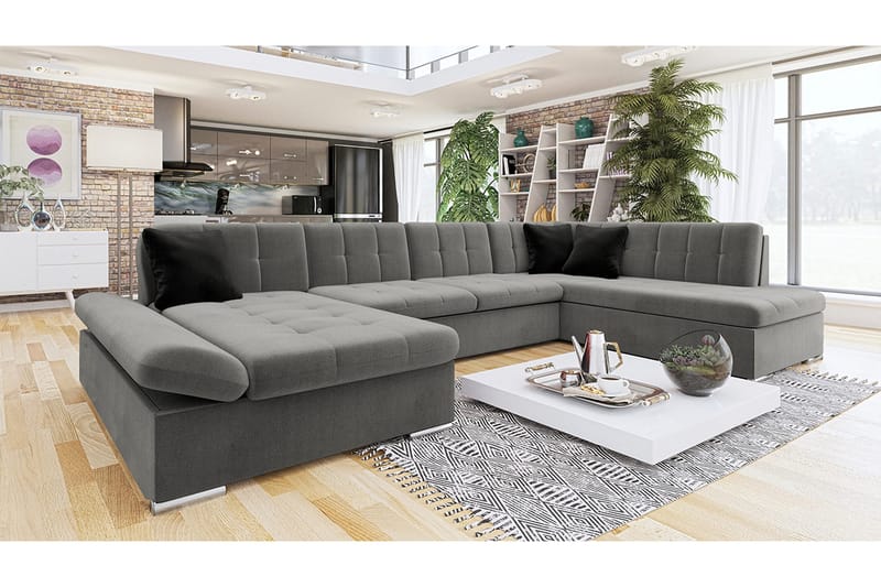 Zumar Sofa med Sjeselong og Divan 4-seter - Grå/Svart - Møbler - Sofaer - U-sofa