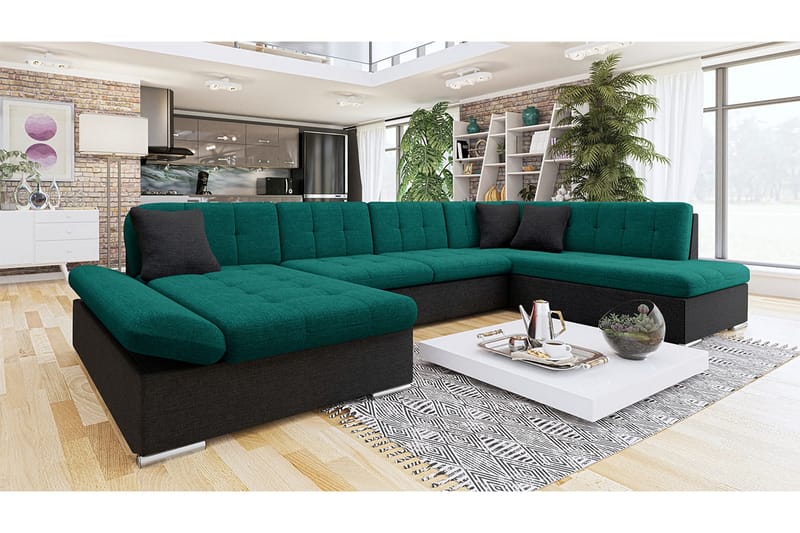 Zumar Sofa med Sjeselong og Divan 4-seter - Svart/Grønn - Møbler - Sofaer - U-sofa