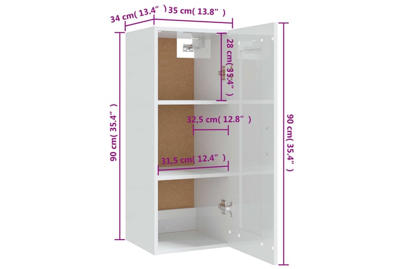 beBasic Veggskap høyglans hvit 35x34x90 cm konstruert tre - Hvit - Oppbevaring - Vegghengt oppbevaring