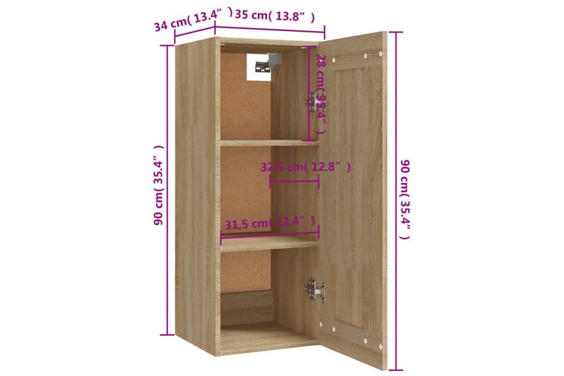 beBasic Veggskap sonoma eik 35x34x90 cm konstruert tre - Brun - Oppbevaring - Vegghengt oppbevaring