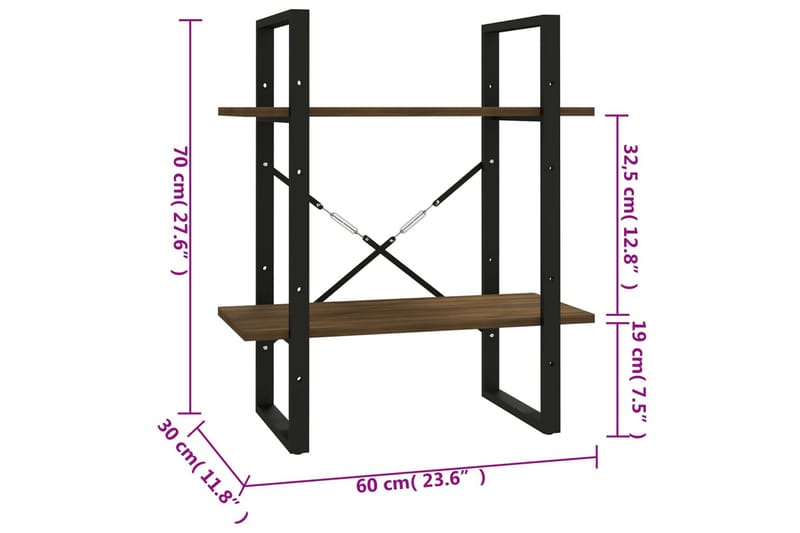 beBasic Bokhylle 2 etasjer brun eik 60x30x70 cm konstruert tre - Brun - Oppbevaring - Hyller - Bokhylle