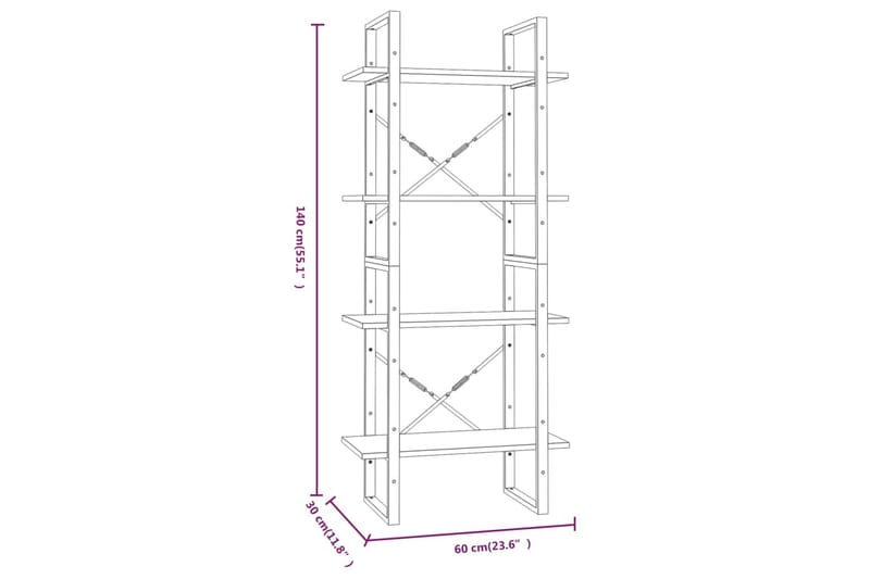 beBasic Bokhylle 4 etasjer brun eik 60x30x140 cm konstruert tre - Brun - Oppbevaring - Hyller - Bokhylle