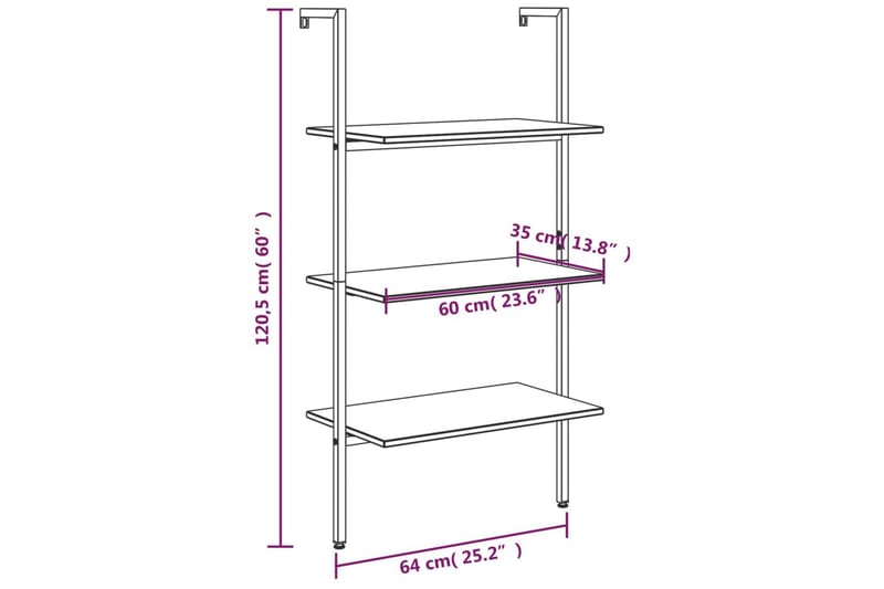 beBasic Stigehylle 3 etasjer lysebrun og svart 64x35x120,5 cm - Brun - Oppbevaring - Hyller - Bokhylle