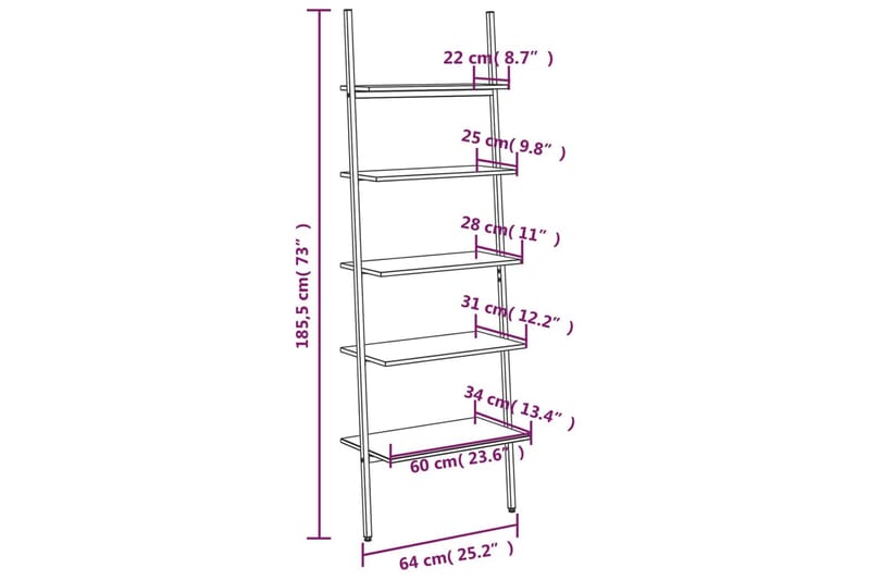 beBasic Stigehylle 5 etasjer mørkebrun og svart 64x34x185,5 cm - Brun - Oppbevaring - Hyller - Bokhylle