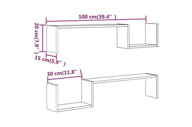 beBasic Vegghyller 2 stk brun eik 100x15x20 cm konstruert tre - Brun - Oppbevaring - Hyller - Vegghylle