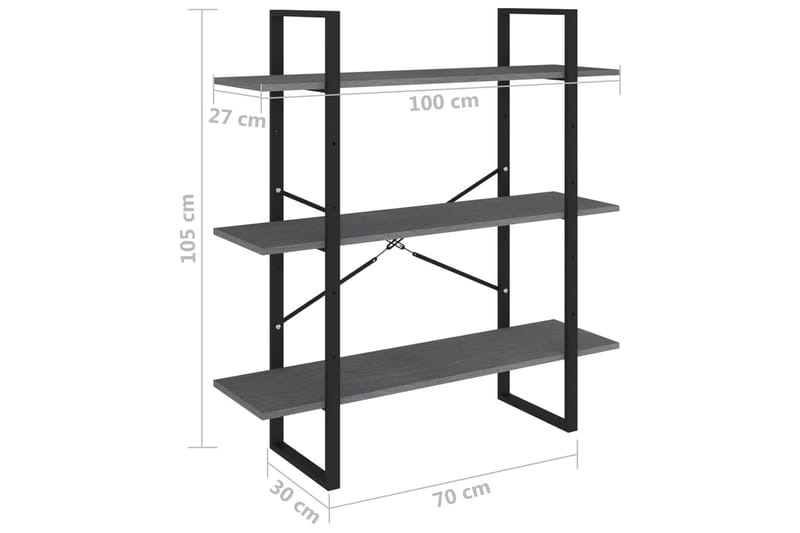 Bokhylle 3 nivåer grå 100x30x105 cm heltre furu - Grå - Oppbevaring - Hyller - Bokhylle