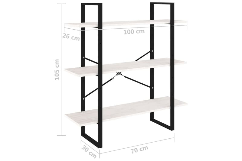 Bokhylle 3 nivåer hvit 100x30x105 cm heltre furu - Hvit - Oppbevaring - Hyller - Bokhylle