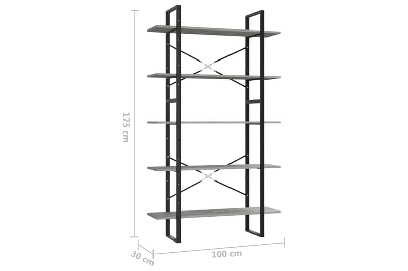 Bokhylle 5 nivåer betonggrå 100x30x175 cm sponplate - Grå - Oppbevaring - Hyller - Bokhylle