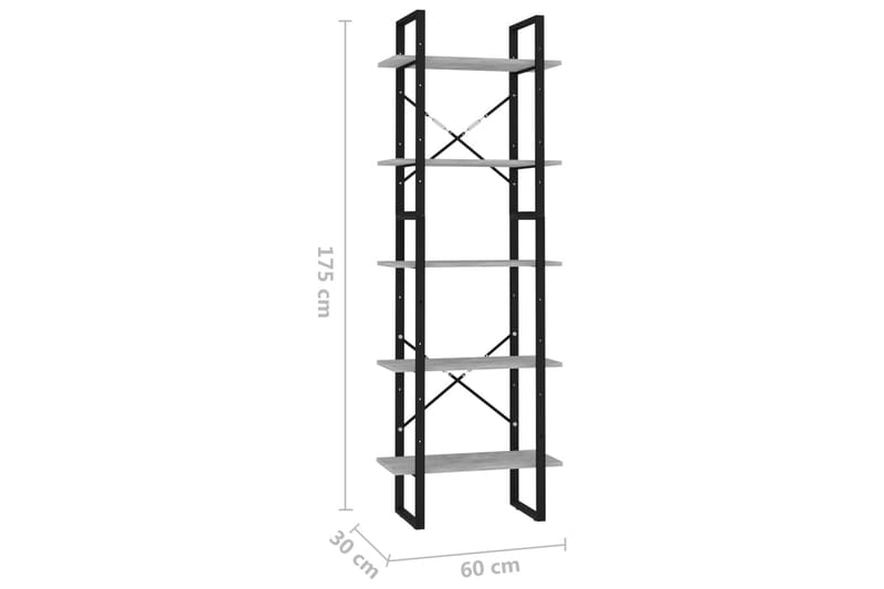 Bokhylle 5 nivåer betonggrå 60x30x175 cm sponplate - Grå - Oppbevaring - Hyller - Bokhylle