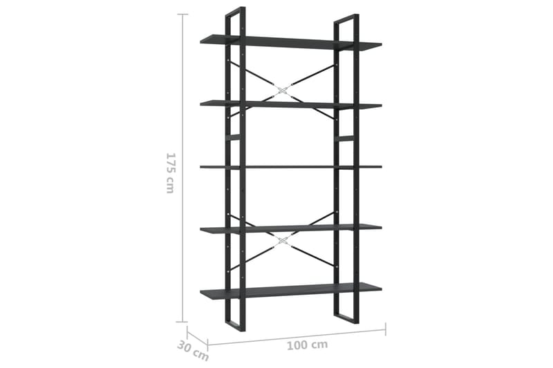 Bokhylle 5 nivåer grå 100x30x175 cm sponplate - Grå - Oppbevaring - Hyller - Bokhylle