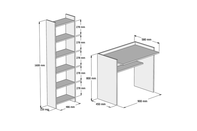 Rakowski Skrivebord og Bokhylle 90 cm - Hvit - Oppbevaring - Hyller - Bokhylle