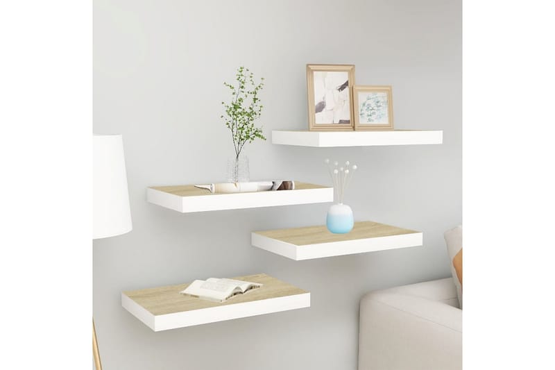 Flytende vegghyller 4 stk eik og hvit 40x23,5x3,8 cm MDF - Hvit - Oppbevaring - Hyller - Vegghylle