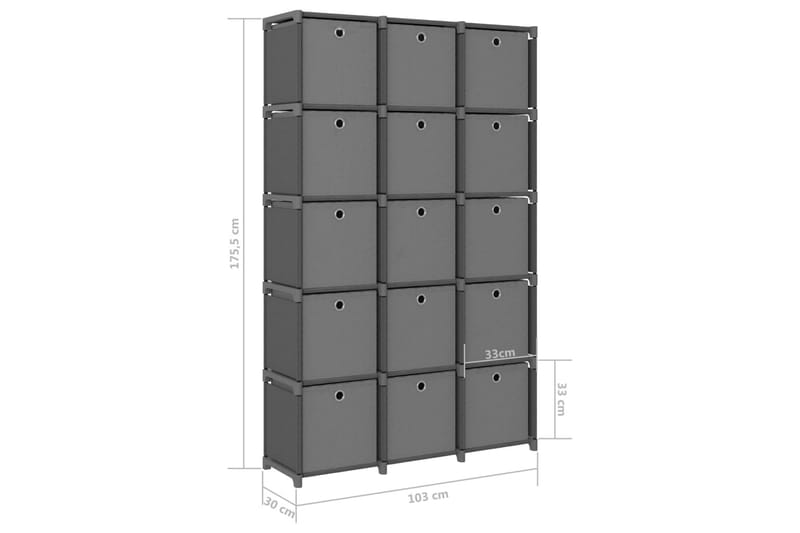 Displayhylle med 15 kuber og bokser grå 103x30x175,5cm stoff - Grå - Oppbevaring - Hyller - Hyllesystem