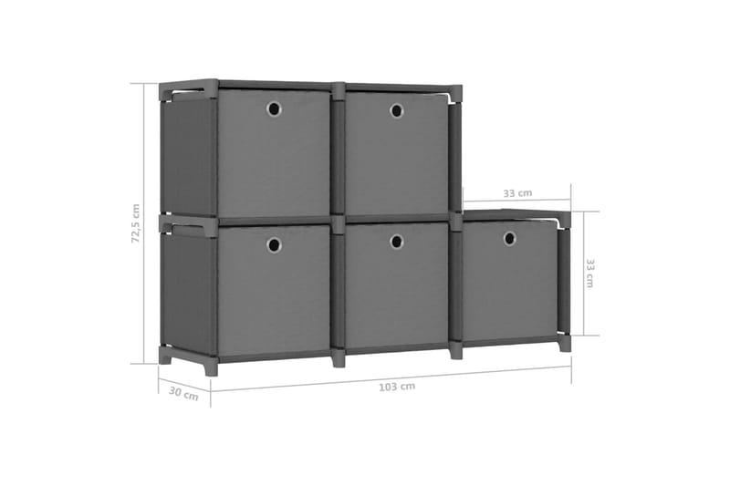 Displayhylle med 5 kuber og bokser grå 103x30x72,5 cm stoff - Grå - Oppbevaring - Hyller - Hyllesystem