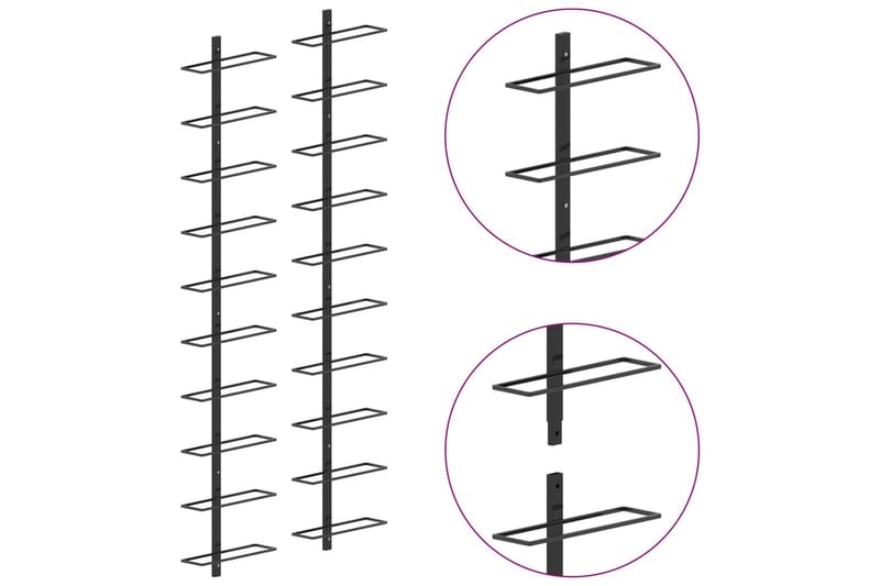 Veggmonterte vinstativer for 20 flasker 2 stk svart metall - Oppbevaring - Hyller - Oppbevaringshylle - Vinstativ & vinhylle