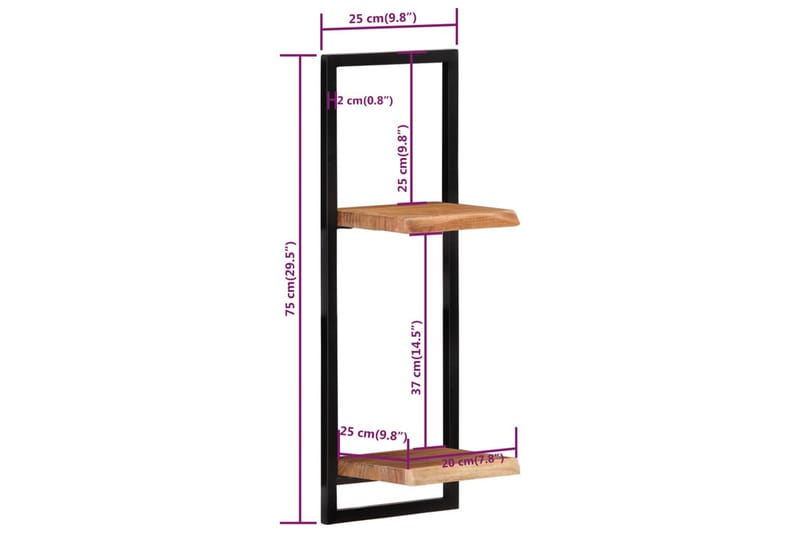 Vegghyller 2 stk 25x25x75 cm heltre akasie og stål - Brun - Oppbevaring - Hyller - Vegghylle