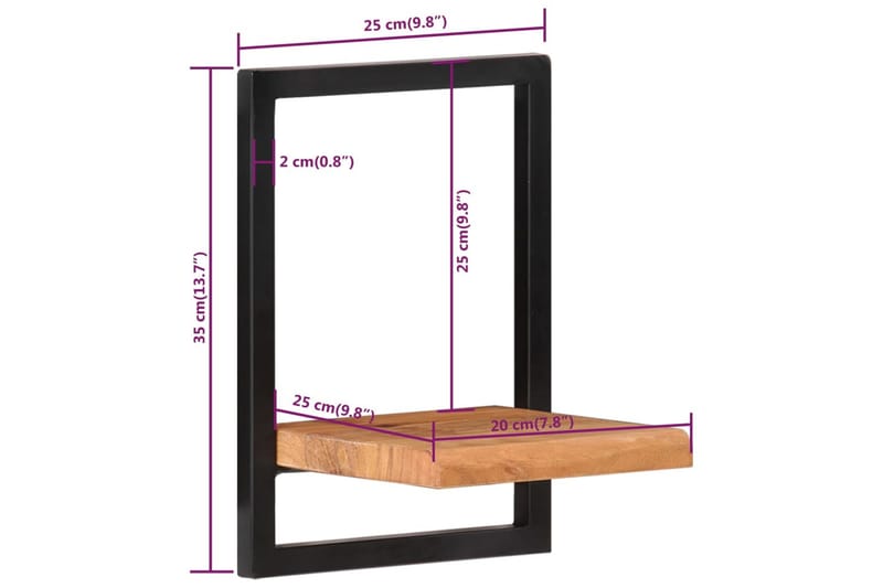 Vegghyller 2 stk 25x25x35 cm heltre akasie og stål - Brun - Oppbevaring - Hyller - Vegghylle