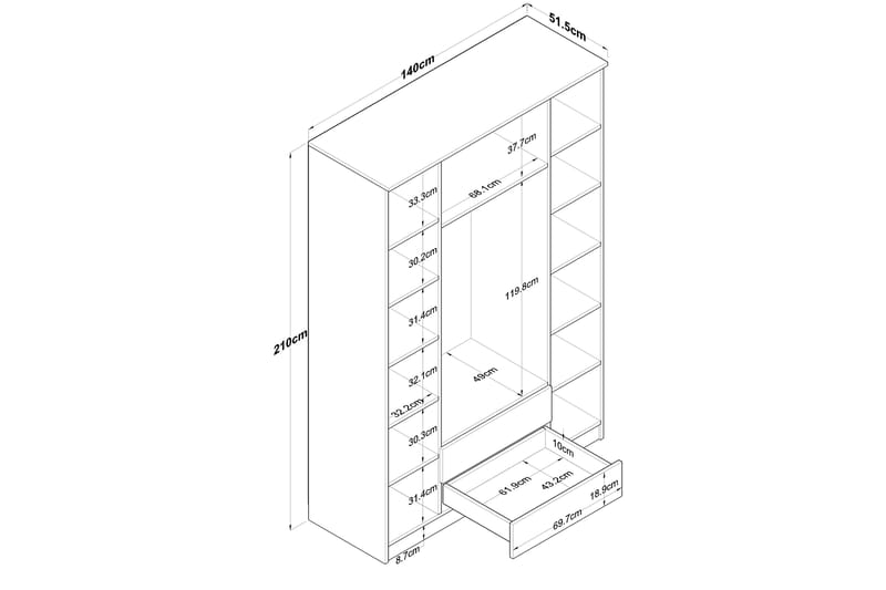 Caturai Garderobe med Speil - Valnøtt/Hvit - Oppbevaring - Klesoppbevaring - Garderober & garderobesystem