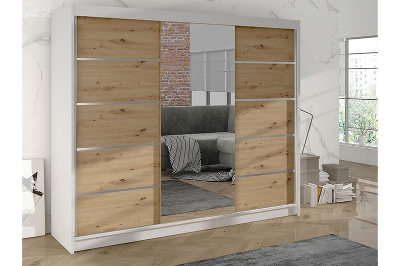 Cyria Garderobe med romslig Oppbevaring og Skyvedører med Speil 200x215 cm - Brun/Hvit - Oppbevaring - Klesoppbevaring - Garderober & garderobesystem