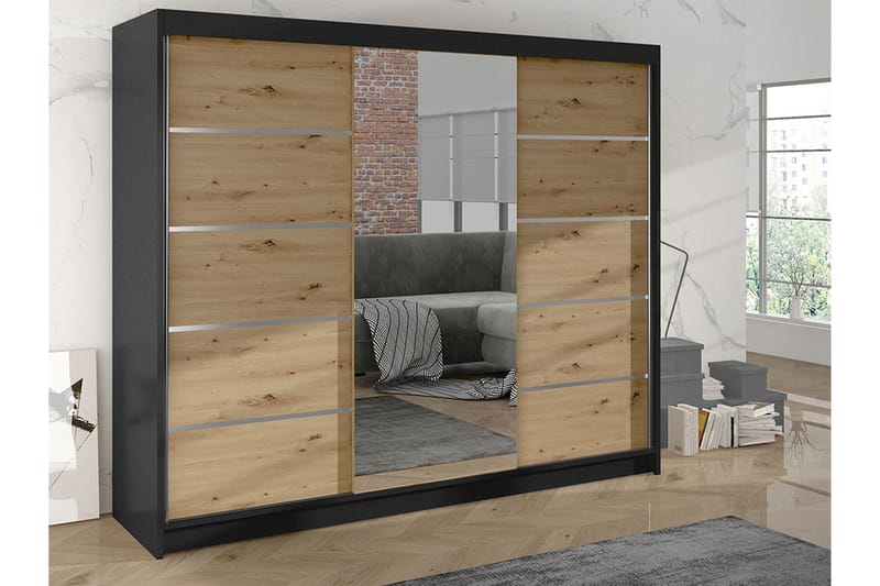 Cyria Garderobe med romslig Oppbevaring og Skyvedører med Speil 200x215 cm - Brun/Svart - Oppbevaring - Klesoppbevaring - Garderober & garderobesystem