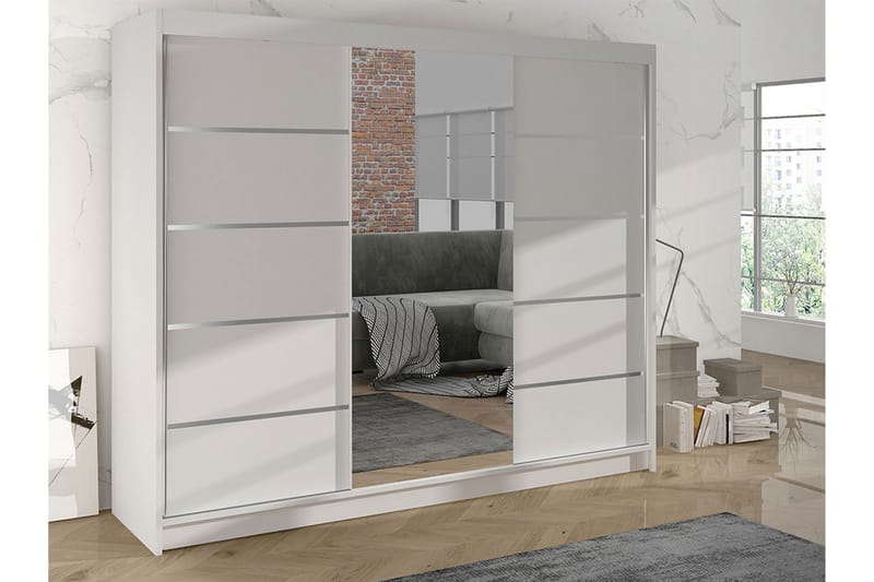 Cyria Garderobe med romslig Oppbevaring og Skyvedører med Speil 200x215 cm - Hvit - Oppbevaring - Klesoppbevaring - Garderober & garderobesystem