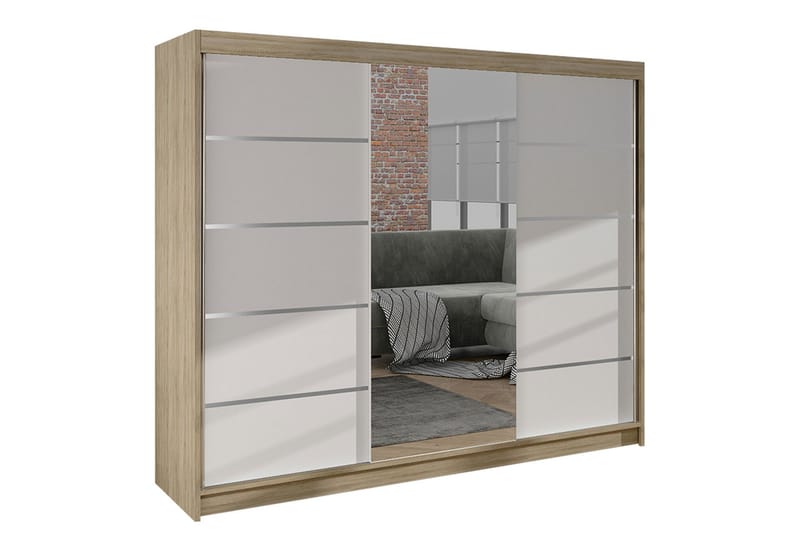 Cyria Garderobe med romslig Oppbevaring og Skyvedører med Speil 200x215 cm - Hvit/Beige - Oppbevaring - Klesoppbevaring - Garderober & garderobesystem