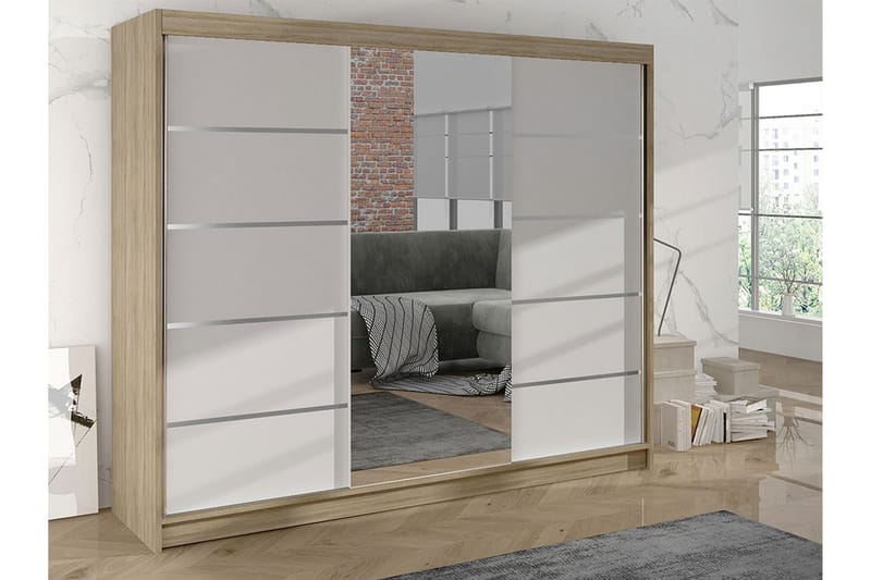 Cyria Garderobe med romslig Oppbevaring og Skyvedører med Speil 200x215 cm - Hvit/Beige - Oppbevaring - Klesoppbevaring - Garderober & garderobesystem