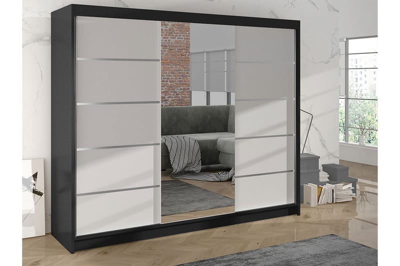 Cyria Garderobe med romslig Oppbevaring og Skyvedører med Speil 200x215 cm - Hvit/Svart - Oppbevaring - Klesoppbevaring - Garderober & garderobesystem