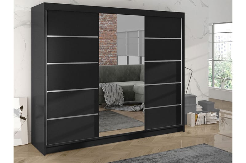 Cyria Garderobe med romslig Oppbevaring og Skyvedører med Speil 200x215 cm - Svart - Oppbevaring - Klesoppbevaring - Garderober & garderobesystem