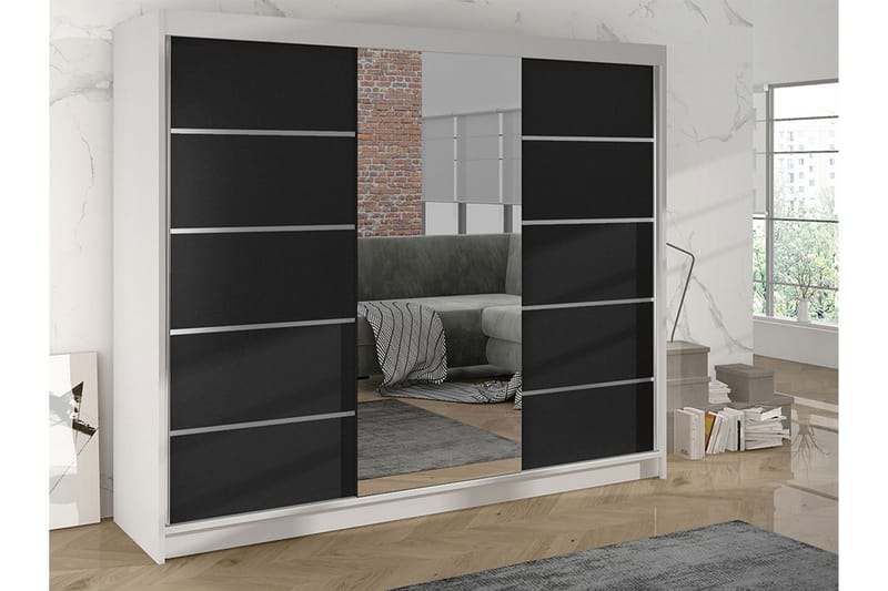 Cyria Garderobe med romslig Oppbevaring og Skyvedører med Speil 200x215 cm - Svart/Hvit - Oppbevaring - Klesoppbevaring - Garderober & garderobesystem