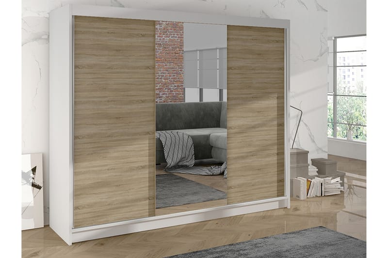 Cyria Garderobe med Speil 200x215 cm - Brun/Hvit - Oppbevaring - Klesoppbevaring - Garderober & garderobesystem