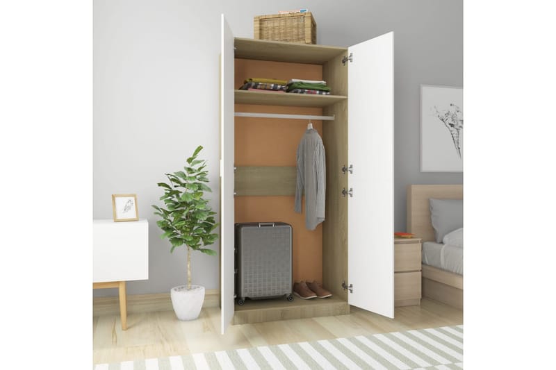 Garderobe hvit og sonoma eik 90x52x200 cm sponplate - Oppbevaring - Klesoppbevaring - Garderober & garderobesystem