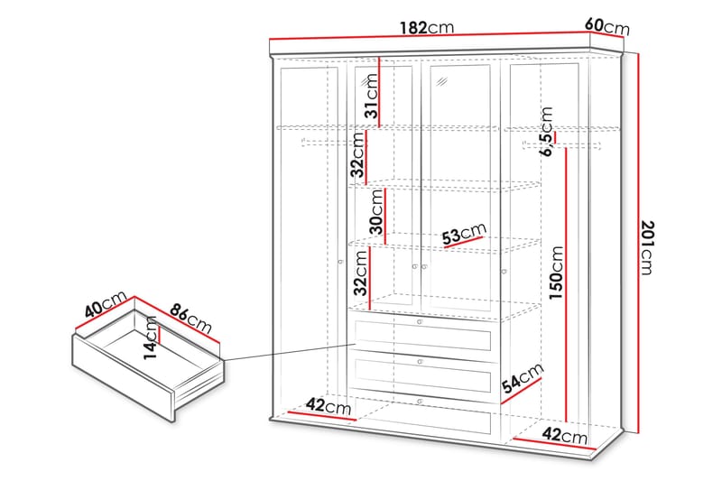 Hammerdal Garderobe med Speil 182 cm - Hvit/Eik - Oppbevaring - Klesoppbevaring - Garderober & garderobesystem